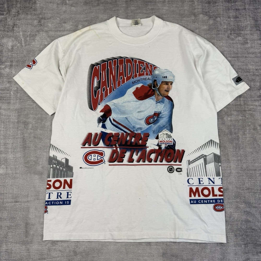 Vtg Montreal Canadiens Shirt Mens Large White 90s Bulletin Wrap Around AOP NHL